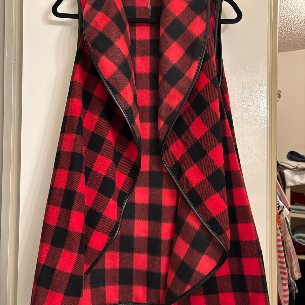 Red and Black Plaid Open Front Vest